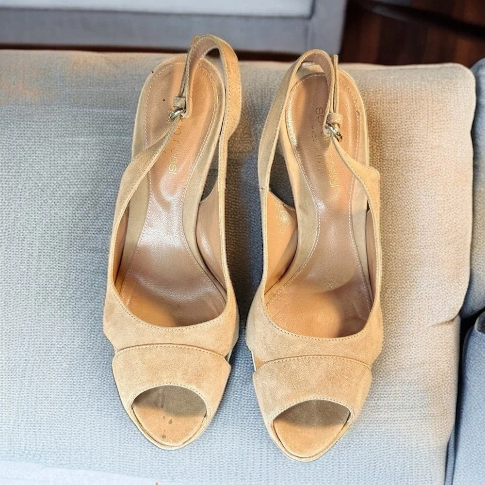 Sergio Rossi ‘Agathe’ Tan Suede & White Patent Peep Toe Slingback Heels Size 7.5